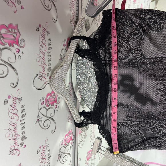 Lace metallic tank top holographic Lacey pattern grey black lace trim straps y2k - Picture 8 of 9